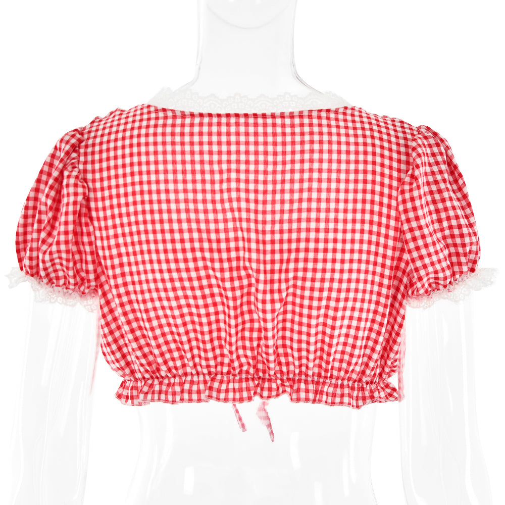 Red & White Plaid Lace Square Neck Top