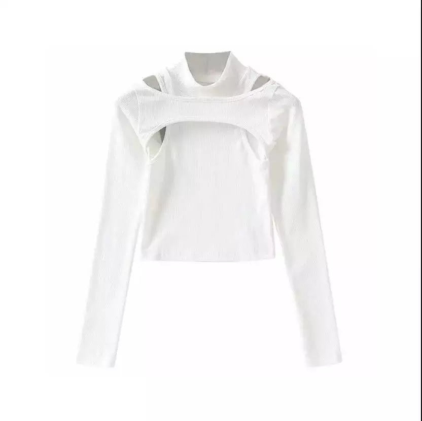 Cute 2pcs K-pop Black White Hollow Knit Long Sleeve Shirt Crop Top Fitness Streetwear Summer Aesthetic Casual E-Girl Kawaii Korean Japanese Harajuku