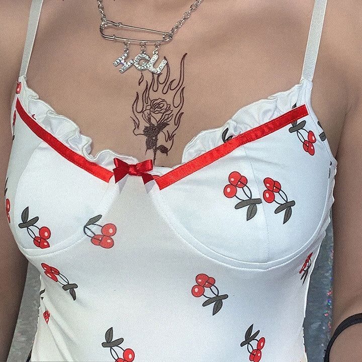 Cute Sweet Sexy Cherry Ruffle Bodysuit Top Tees Tshirts E-Girl Kawaii Korean Japanese Harajuku Chinese Retro Streetwear Aesthetic