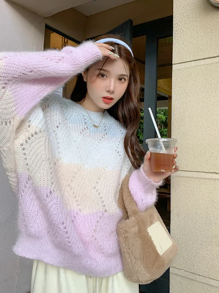 Pink Ombre Hollow Out Sweater