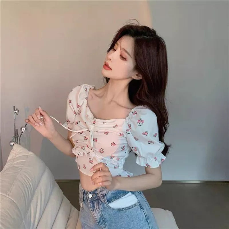 Sweet Floral Bow Pleated Puff Sleeve Blouse Aesthetic Casual E-Girl Kawaii Korean Japanese Harajuku
