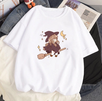 Cute Witch Anime Girl Cresent Moon Print Oversized Short Sleeve Shirt Summer Aesthetic Casual E-Girl Kawaii Korean Japanese Harajuku