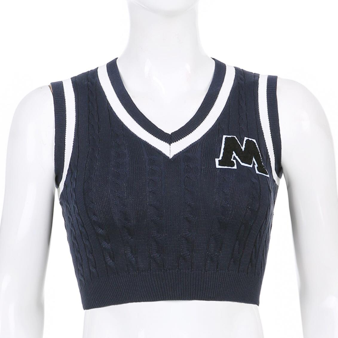 Preppy Letter Print Knit Tank Sweater Vest Sleeveless V Neck Vintage Crop Top Pullover Summer Aesthetic Casual E-Girl Kawaii Korean Japanese Harajuku