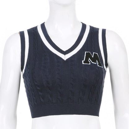 Preppy Letter Print Knit Tank Sweater Vest Sleeveless V Neck Vintage Crop Top Pullover Summer Aesthetic Casual E-Girl Kawaii Korean Japanese Harajuku