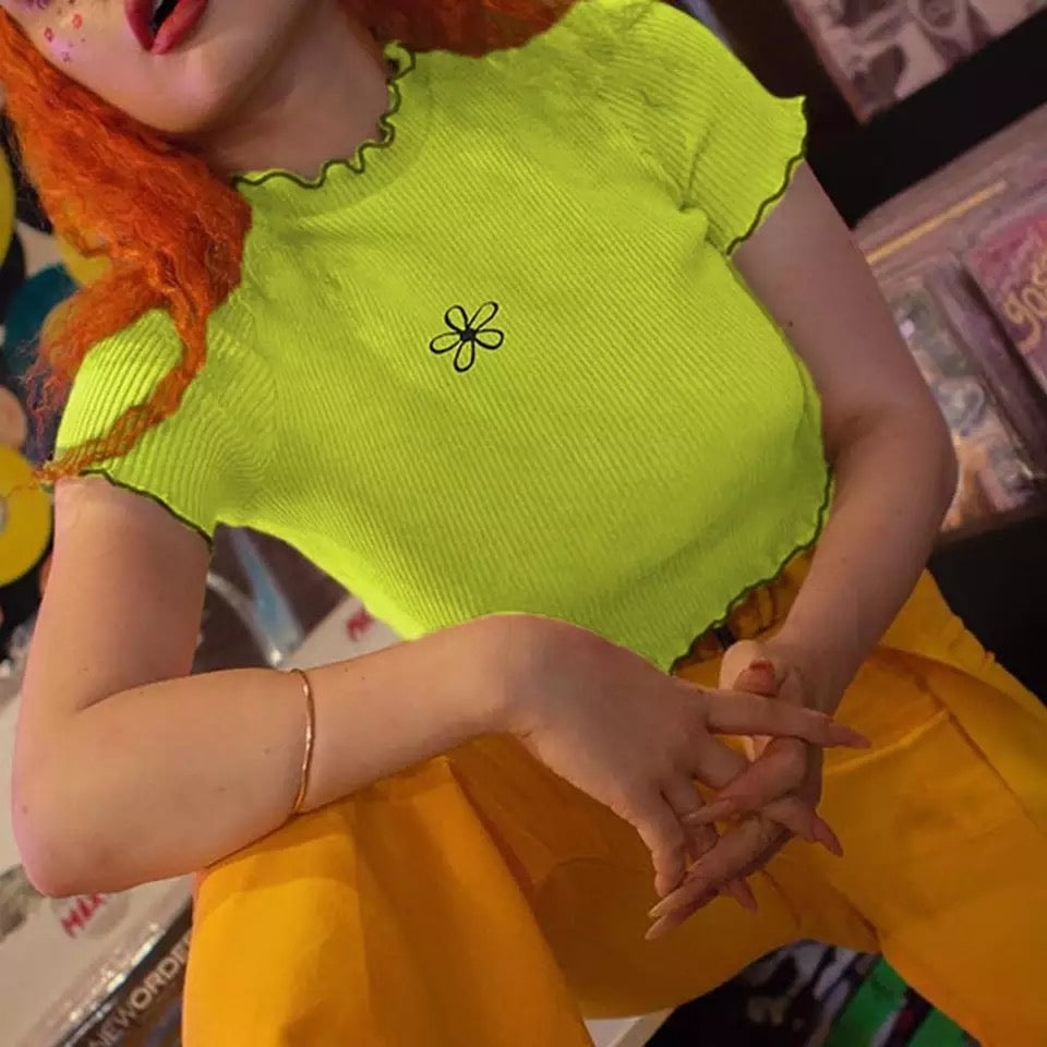 Cute Neon Green Flower Embroidery Casual Summer Crop Top Short Sleeve Tee Shirt T-Shirt E-Girl Kawaii Korean Japanese Harajuku Streetwear