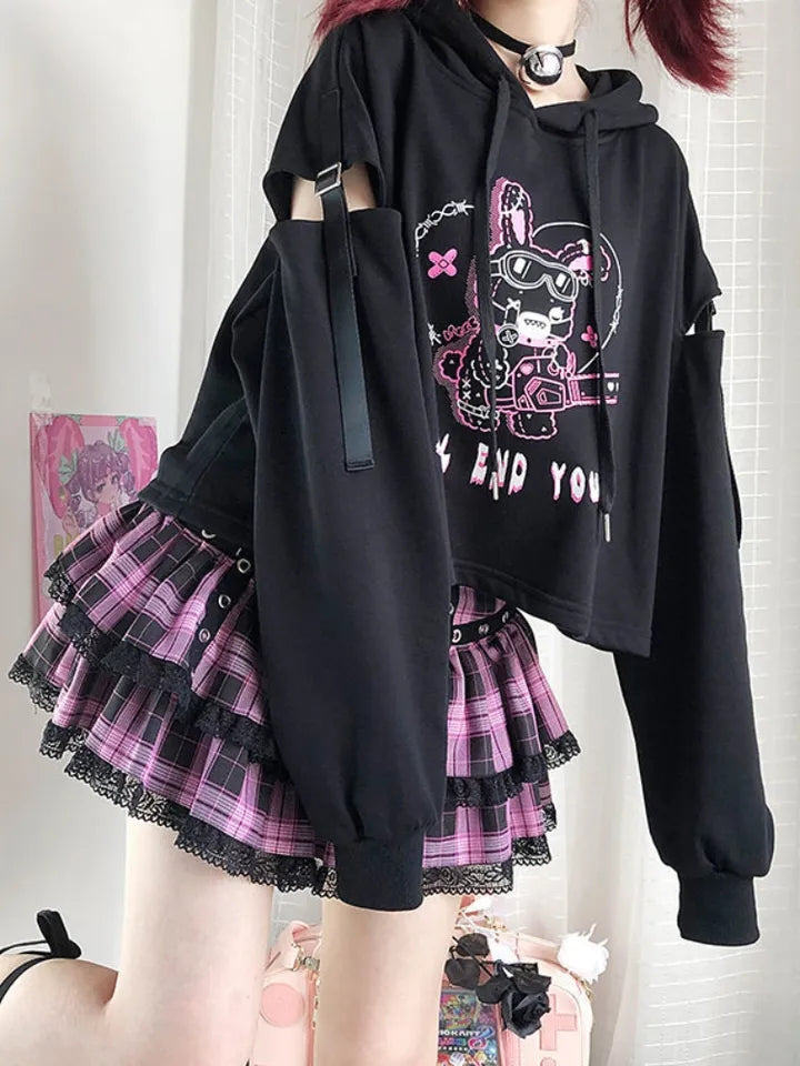 Rabbit Punk Print Hollow Out Hoodie