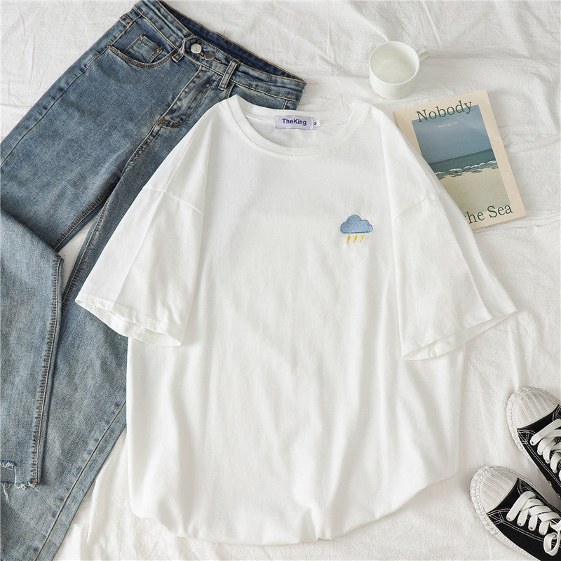 Cute Casual Cartoon Moon Sun Star Cloud Embroidery Loose T-shirt Short Sleeve Tee Shirt Top E-Girl Kawaii Korean Japanese Harajuku Retro Streetwear