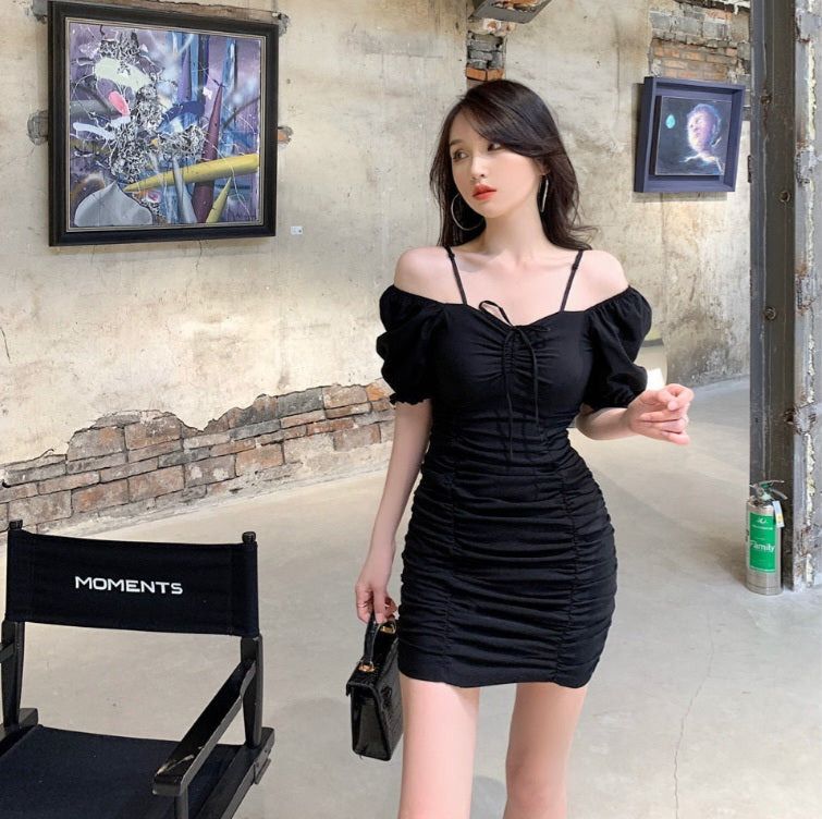 White Puff Sleeve Drawstring Ruched Mini Dress