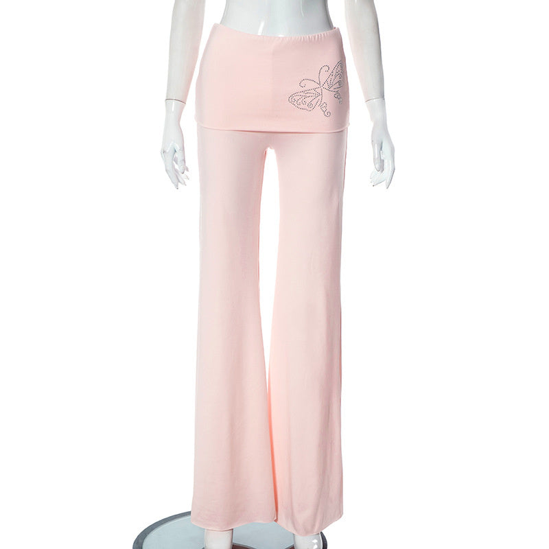 Pink Butterfly Rhinestone Fold Low Rise Flare Pants