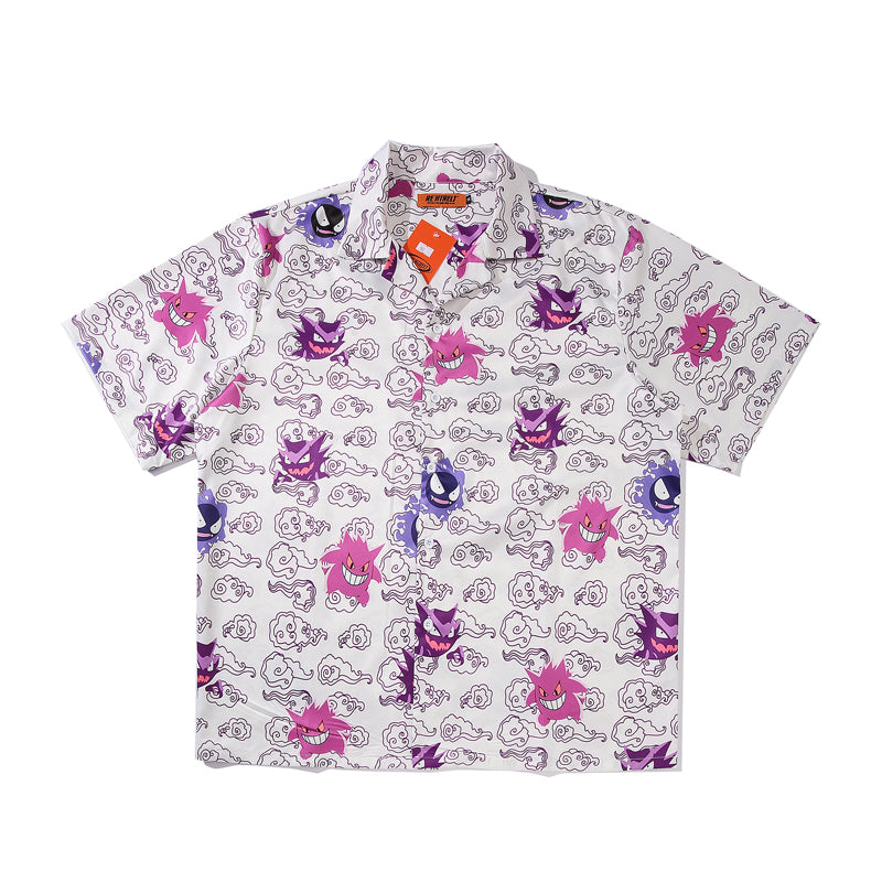 Funny Anime Genger Graphic Cartoon Print Loose Button Down Short Sleeve Short T-shirt Top Causal E-Girl Kawaii Korean Japanese Harajuku Streetwear