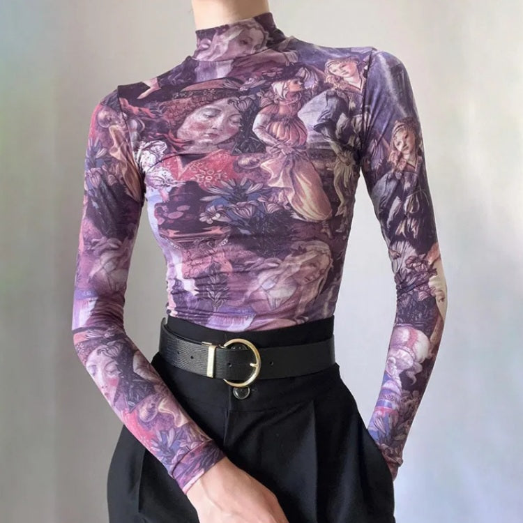 Purple Victorian Print Mesh Long Sleeve Shirt