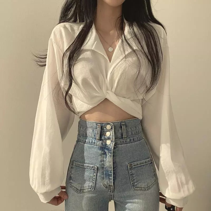 White Chic Cropped Long Sleeve Shirt