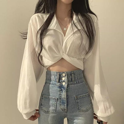 White Chic Cropped Long Sleeve Shirt