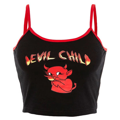 Sexy Devil Cartoon Print Graphic Summer Tank Camisole Spaghetti Strap Patchwork Crop Top E-Girl Kawaii Korean Japanese Harajuku Retro Streetwear