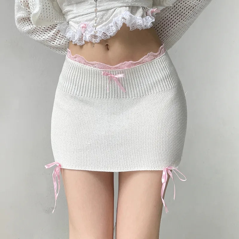 White Knit Bow Ribbed Trim Low Waist Mini Skirt
