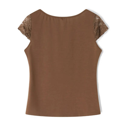 Brown Lace Trim Short Sleeve Shirt