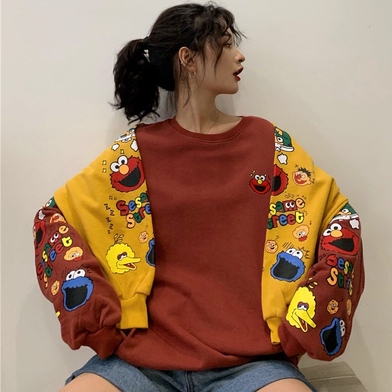 Funny Elmo Cartoon Print Loose Oversized Long Sleeve Sweatshirt Sweater Pullover Jumper Causal E-Girl Kawaii Korean Japanese Harajuku Streetwear