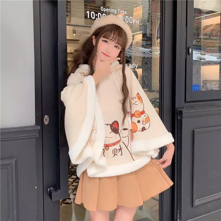 Cute Lucky Cat Ears Cloak Hoodie Pullover Sweatshirt Autumn Winter Aesthetic Casual E-Girl Kawaii Korean Japanese Harajuku