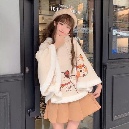 Cute Lucky Cat Ears Cloak Hoodie Pullover Sweatshirt Autumn Winter Aesthetic Casual E-Girl Kawaii Korean Japanese Harajuku