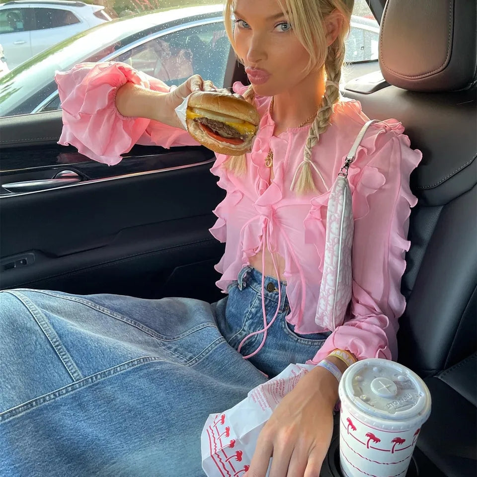 Pink Sheer Ruffle Long Sleeve Shirt