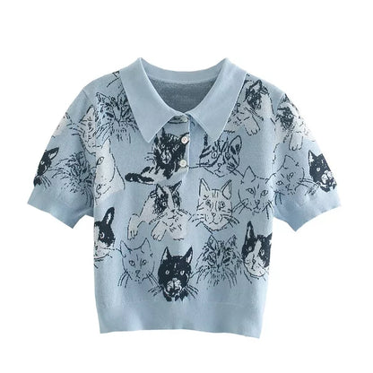 Blue Cat Knit Short Sleeve Shirt