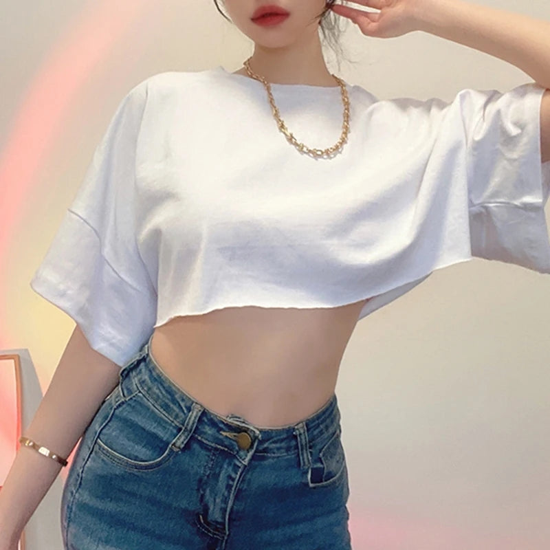 White Loose Cropped Short Sleeve Shirt