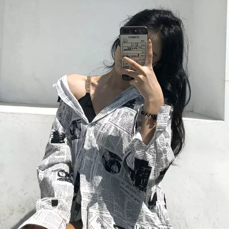 Cute Vintage Newspaper Letter Print Button Up Long Sleeve Shirt Blouse Top Aesthetic Casual E-Girl Kawaii Korean Japanese Harajuku