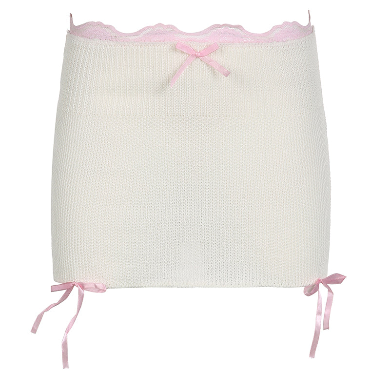 White Knit Bow Ribbed Trim Low Waist Mini Skirt
