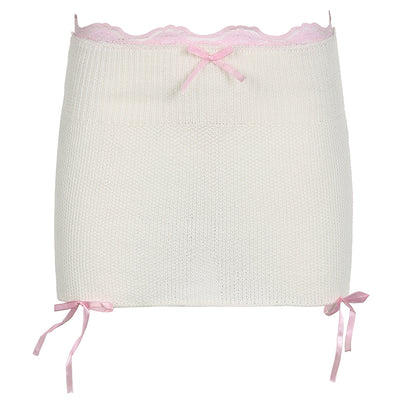 White Knit Bow Ribbed Trim Low Waist Mini Skirt