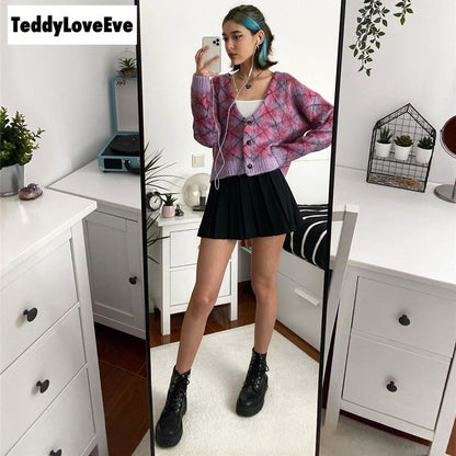 Cute Argyle Print Pink Purple V Neck Sweater Button Sweatshirt Cardigan Pullover Goth Punk Casual E-Girl Kawaii Korean Japanese Harajuku Streetwear