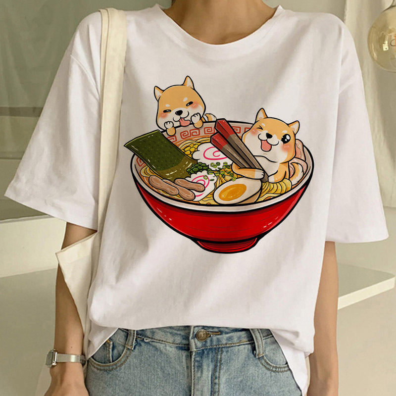 Cute Cartoon Shiba Inu Dog Noodle Ramen Graphic Short Sleeve Shirt Tee T-shirt E-Girl Kawaii Korean Japanese Harajuku Chinese Retro Streetwear