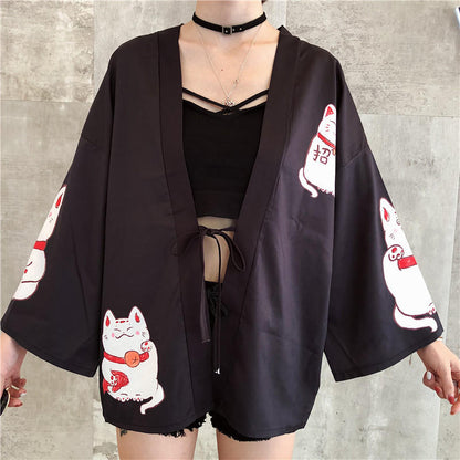 Pink Cat Blouse Kimono Cardigan Cartoon Print Loose Blouse Long Sleeve Shirt T-shirt Top E-Girl Kawaii Korean Japanese Harajuku Streetwear