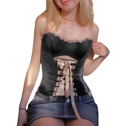 Black with Pink Ribbon Lace Up Bandage Corset Top