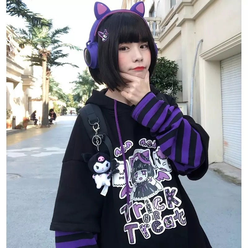 Anime Girl Cartoon Casual Stripe Loose Oversized Hoodie Sweater Sweatshirt Long Sleeve Pullover E-Girl Kawaii Korean Japanese Harajuku Streetwear