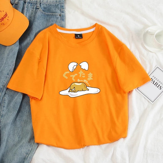 Funny Lazy Egg Cartoon Anime Print Casual Summer Loose Short Sleeve Tee Shirt T-shirt Top E-Girl Kawaii Korean Japanese Harajuku Streetwear
