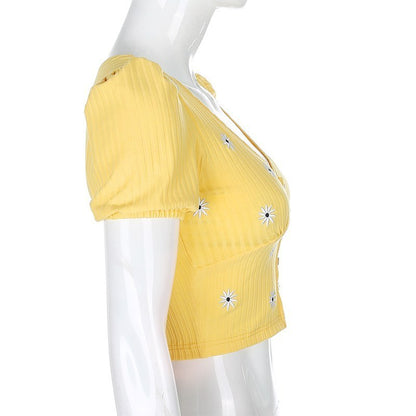 Cute Yellow Flower Embroidery Button V Neck Short Sleeve Shirt Crop Top Cardigan Summer Aesthetic E-Girl Kawaii Korean Japanese Harajuku Streetwear