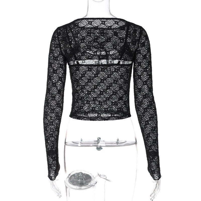 Black Mesh Lace Long Sleeve Shirt