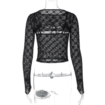 Black Mesh Lace Long Sleeve Shirt
