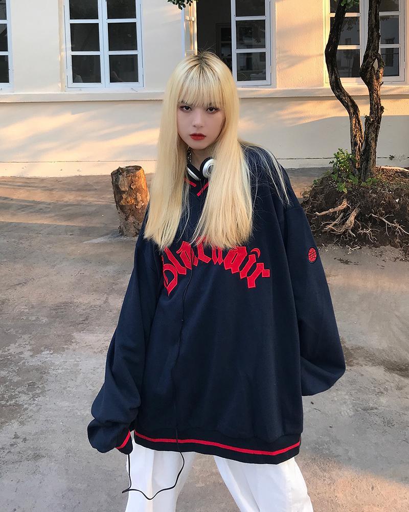 Black Letter Embroidery V Neck Long Sleeve Sweater