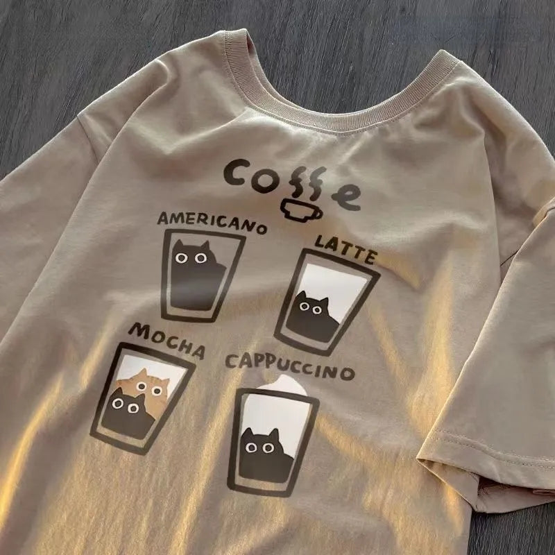 Cat Coffee Print Short Sleeve T-shirt