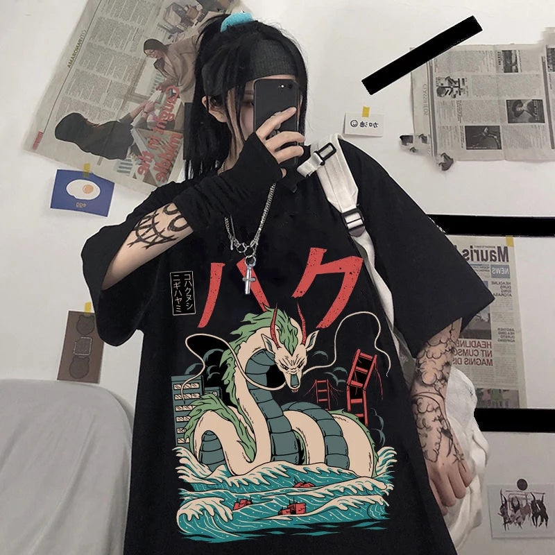 Cute Black Dragon Anime Cartoon Print Oversize Loose Short Sleeve T-shirt Aesthetic Casual Summer E-Girl Kawaii Korean Japanese Harajuku Street