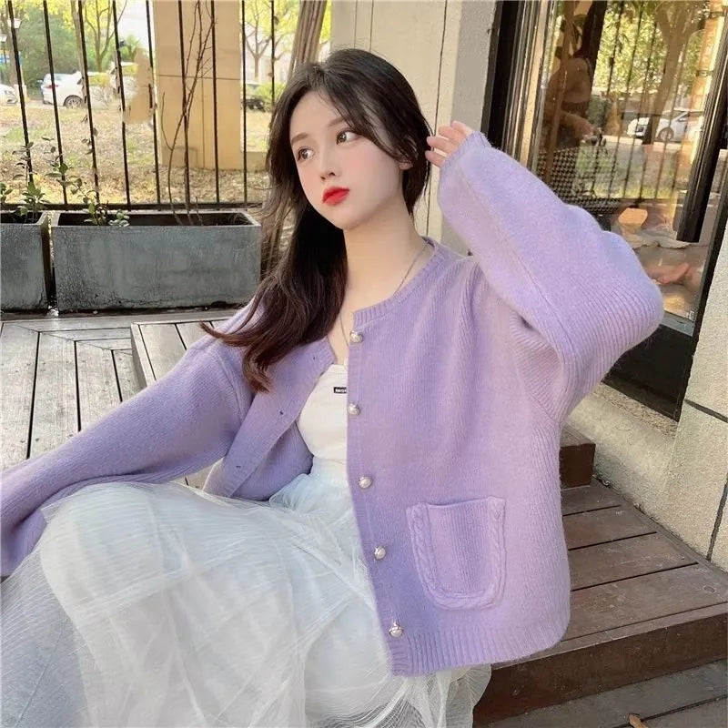 Purple Single Breasted Pocket Loose Cardigan
