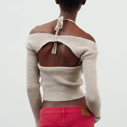 Pink Halter Backless Crochet Crop Top + Long Sleeve Shrug