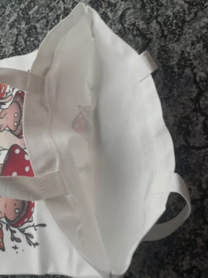 Cute Cat Ghost Mushroom Print Reusable Shopping Bag Canvas Tote Bag Shoulder Bag Aesthetic Casual E-Girl Kawaii Korean Japanese Harajuku