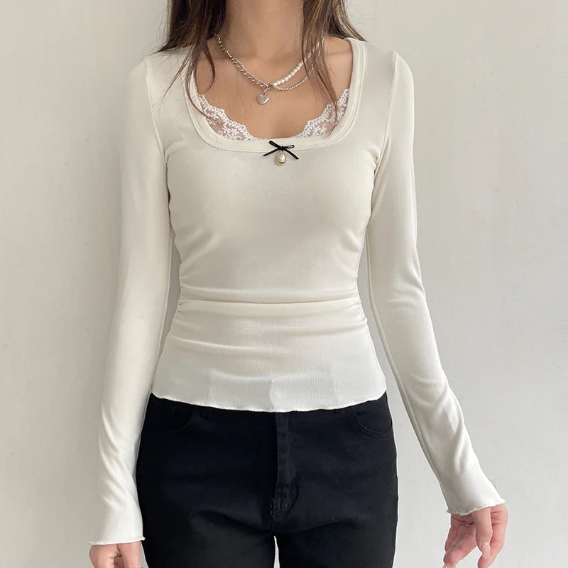 White Lace Bow Long Sleeve Crop Top
