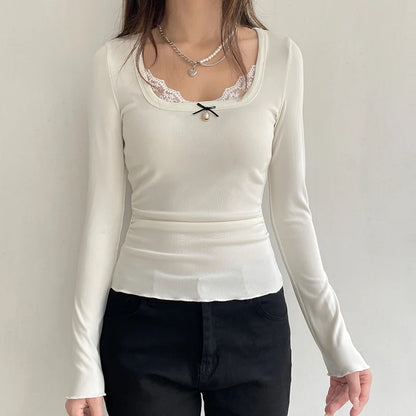 White Lace Bow Long Sleeve Crop Top