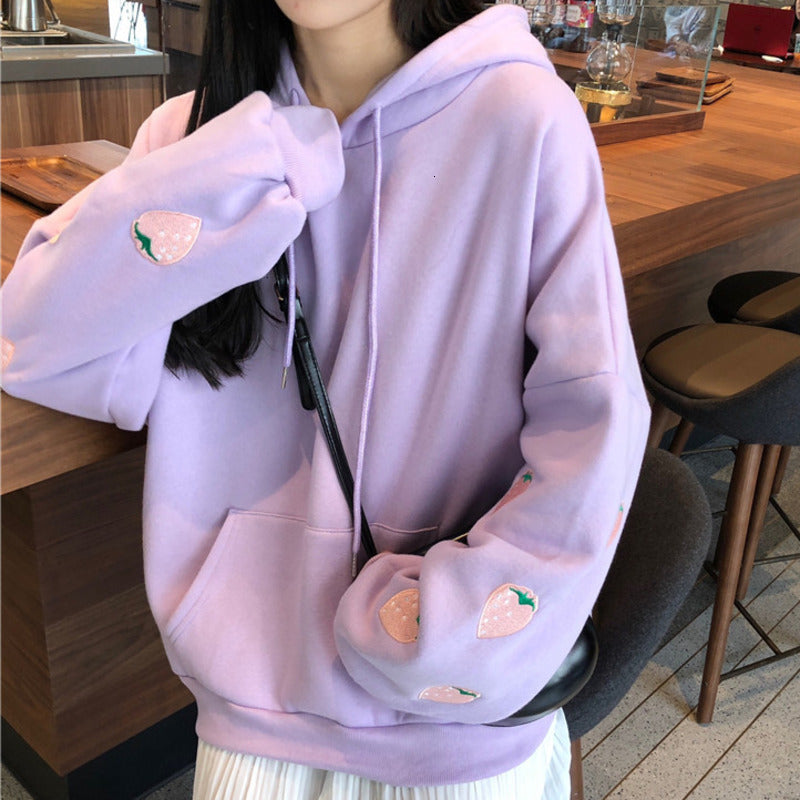 Cute Pastel Purple Strawberry Embroidery Patch Oversized Hoodie Sweater Sweatshirt Pullover Winter E-Girl Kawaii Korean Japanese Harajuku Streetwear