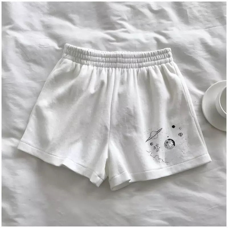 Cute Black White Sky Star Moon Planet Embroidery Casual Sport Shorts Cycling Running Gym High Waist E-Girl Kawaii Korean Japanese Harajuku Streetwear