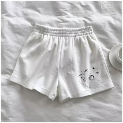 Cute Black White Sky Star Moon Planet Embroidery Casual Sport Shorts Cycling Running Gym High Waist E-Girl Kawaii Korean Japanese Harajuku Streetwear