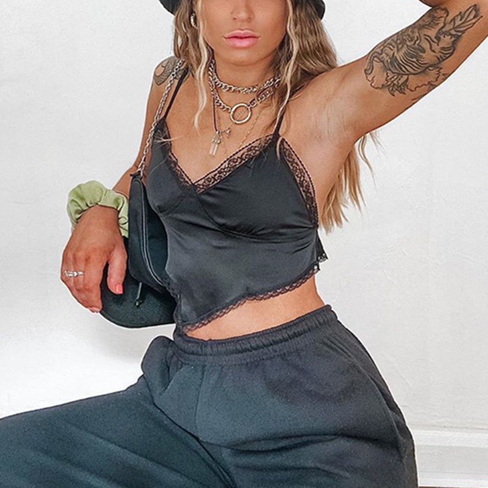 Sexy Bandage Lace Trim Sweet Satin V Neck Crop Top Camisole Spaghetti Strap Backless Shirt E-Girl Kawaii Korean Japanese Harajuku Streetwear